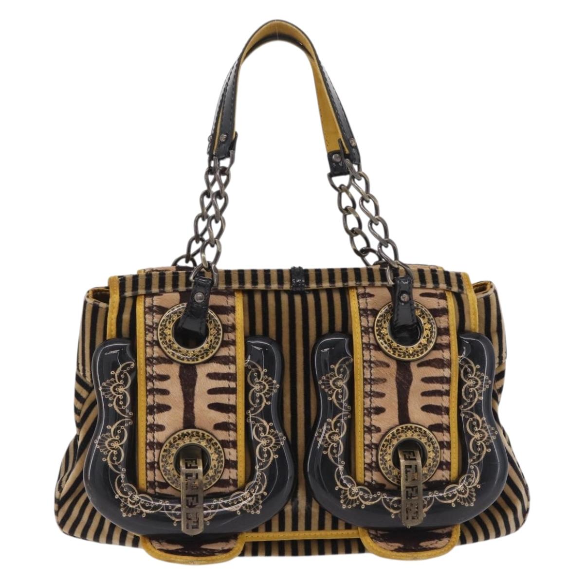 FENDI Chain Shoulder Bag Velvet Beige Auth 213013V