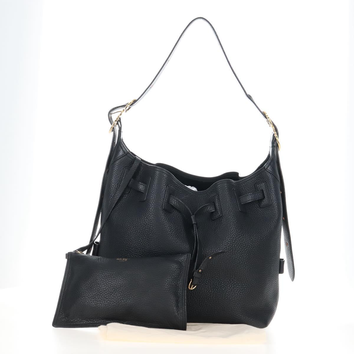 Salvatore Ferragamo Gancini Shoulder Bag Leather Black Gold Auth 213016M