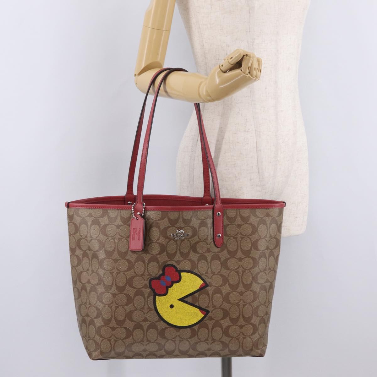 Coach Signature Tote Bag PVC Pac-Man Beige Silver Auth 213028M