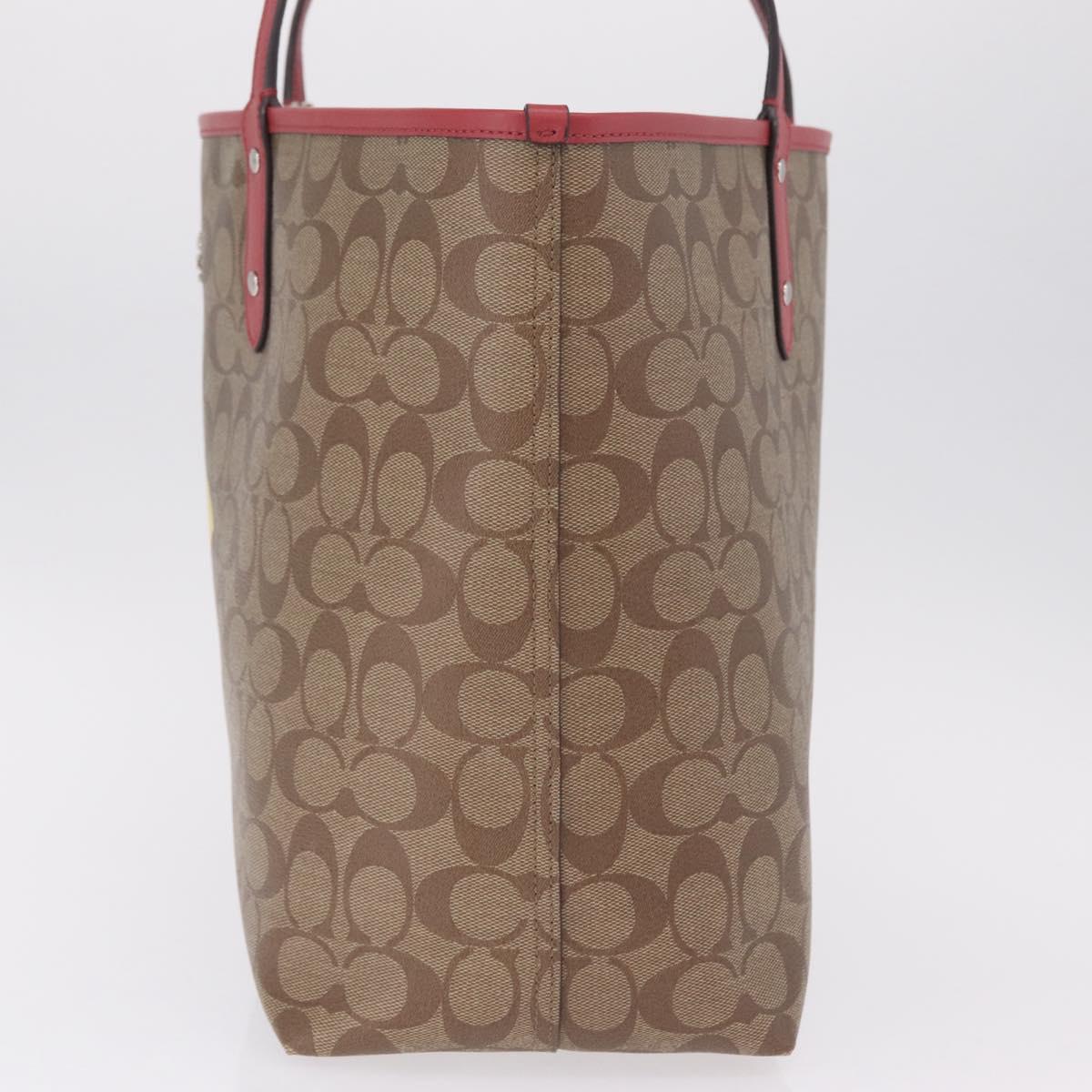 Coach Signature Tote Bag PVC Pac-Man Beige Silver Auth 213028M