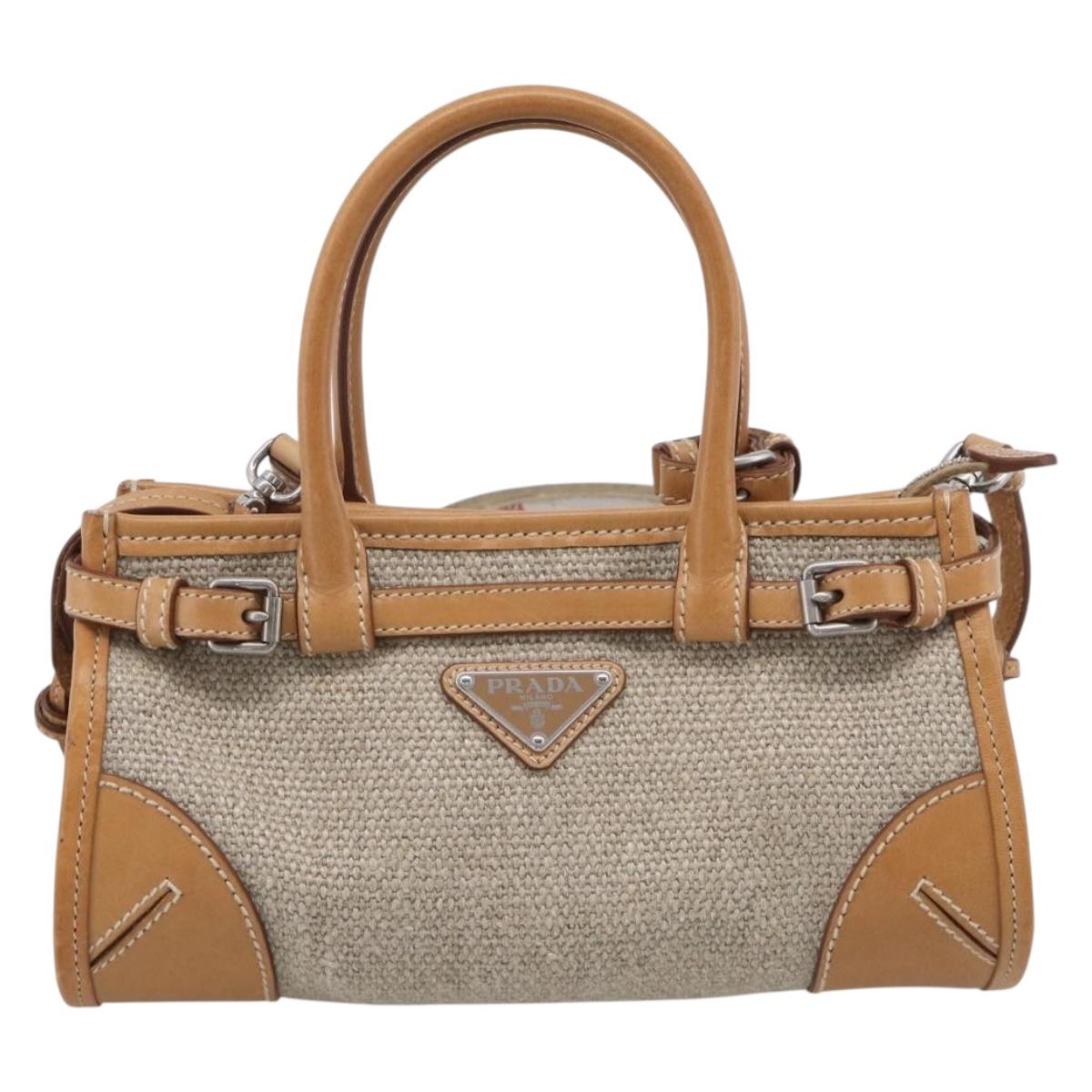 PRADA Bonnie Small Hand Bag Leather Linen 2way Beige Silver Auth 213036M