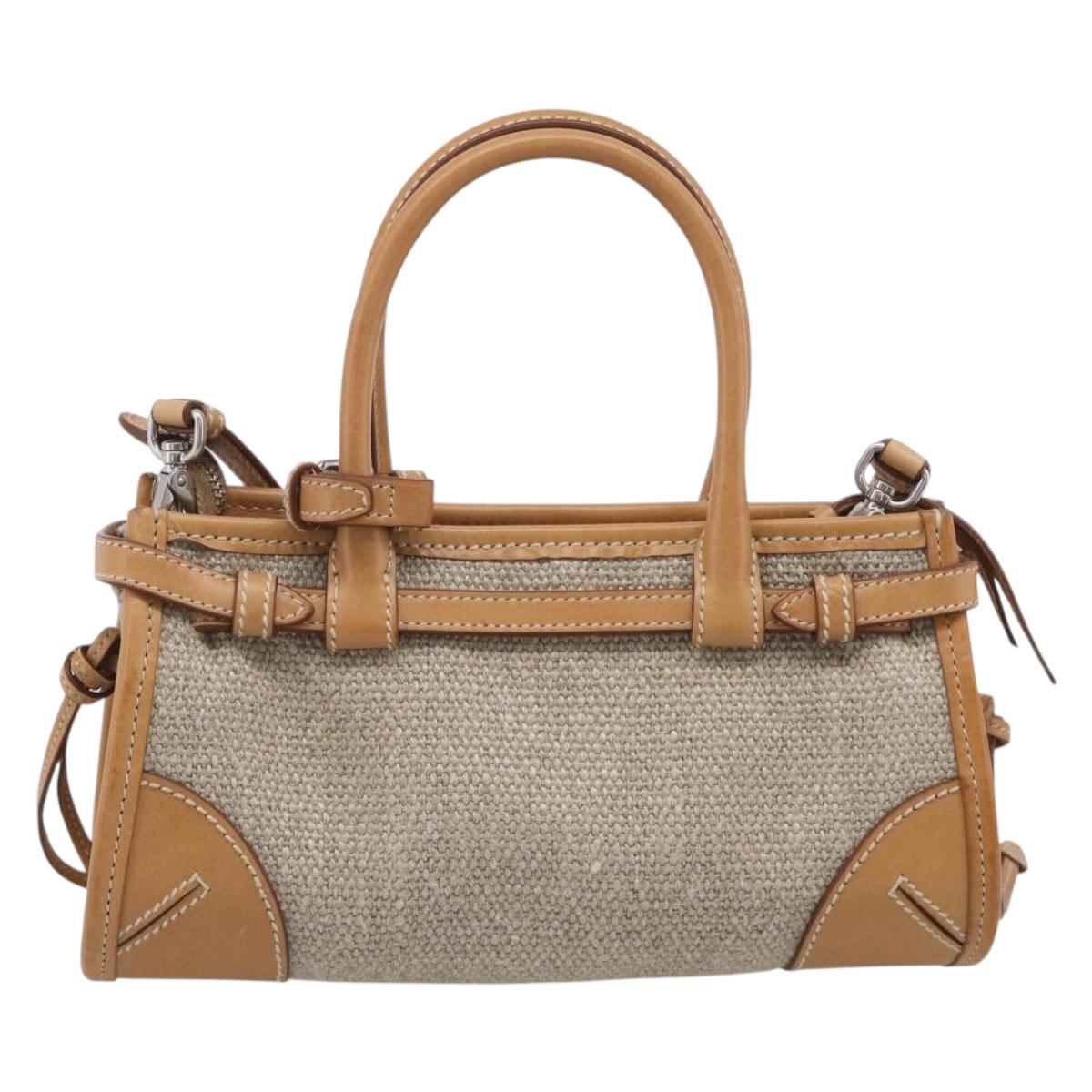 PRADA Bonnie Small Hand Bag Leather Linen 2way Beige Silver Auth 213036M