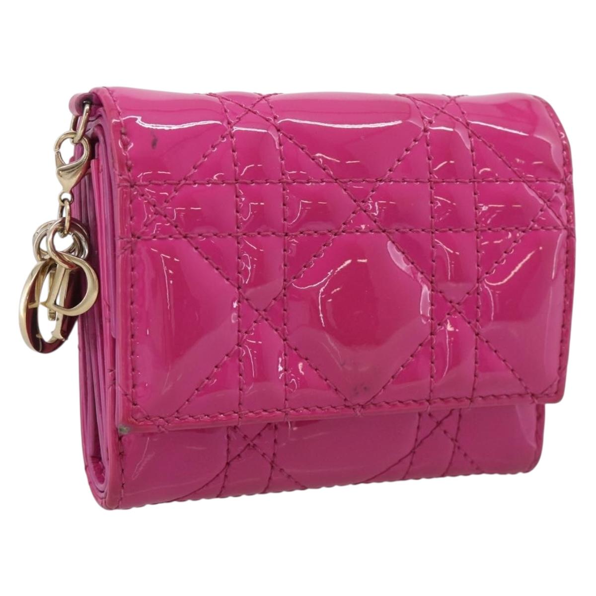 Christian Dior Canage Trifold Wallet Patent leather Pink Gold Auth 213040A