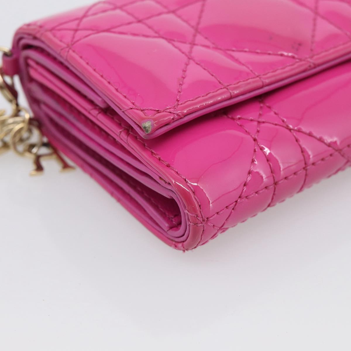 Christian Dior Canage Trifold Wallet Patent leather Pink Gold Auth 213040A