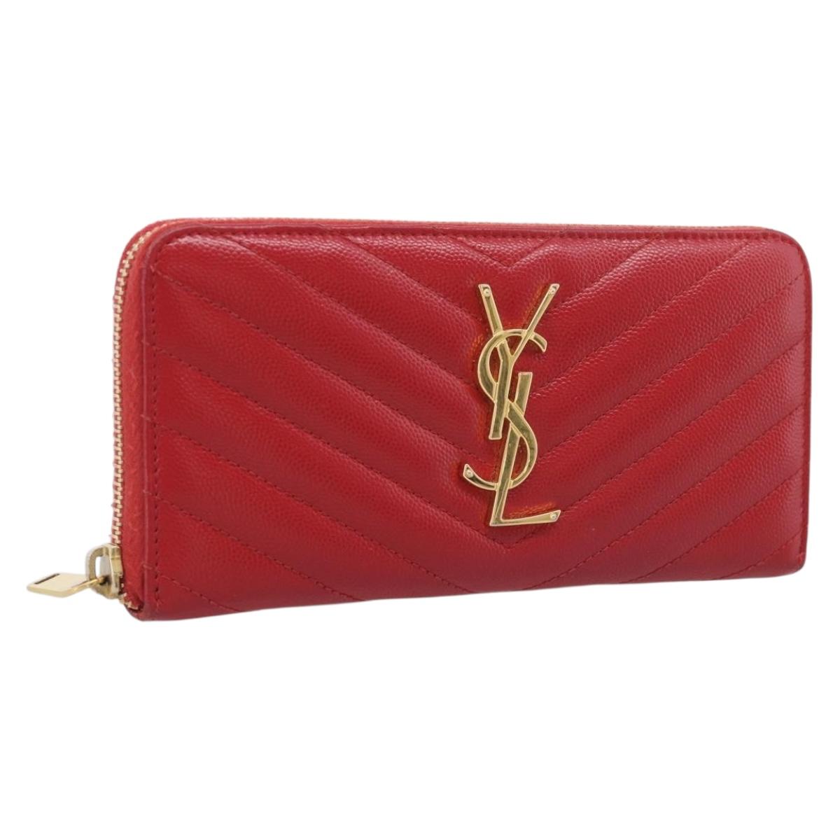 Saint Laurent Long Wallet Leather Red Gold Auth 213041