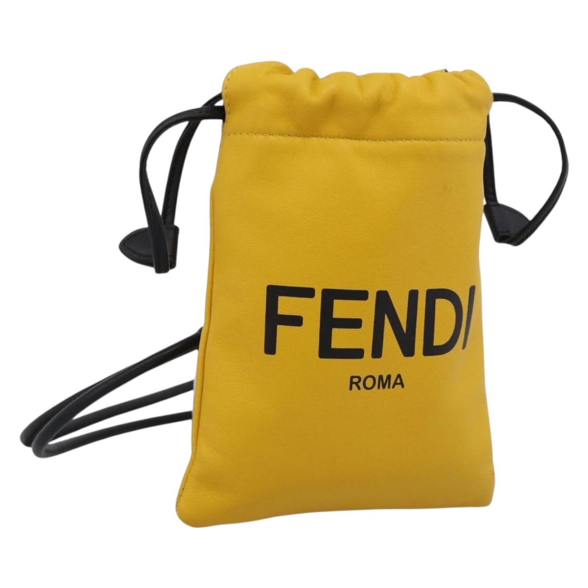 FENDI Drawstring Pouch Leather Yellow Black Auth 213047M