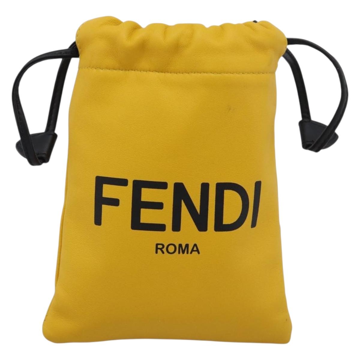 FENDI Drawstring Pouch Leather Yellow Black Auth 213047M