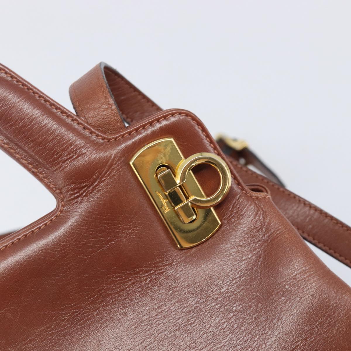 Salvatore Ferragamo Gancini Hand Bag Leather 2way Brown Gold Auth 213049