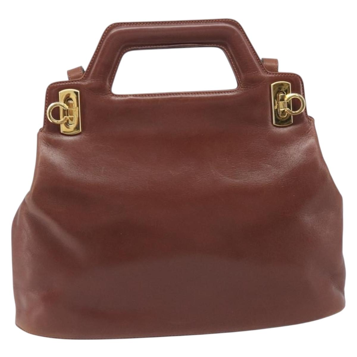Salvatore Ferragamo Gancini Hand Bag Leather 2way Brown Gold Auth 213049