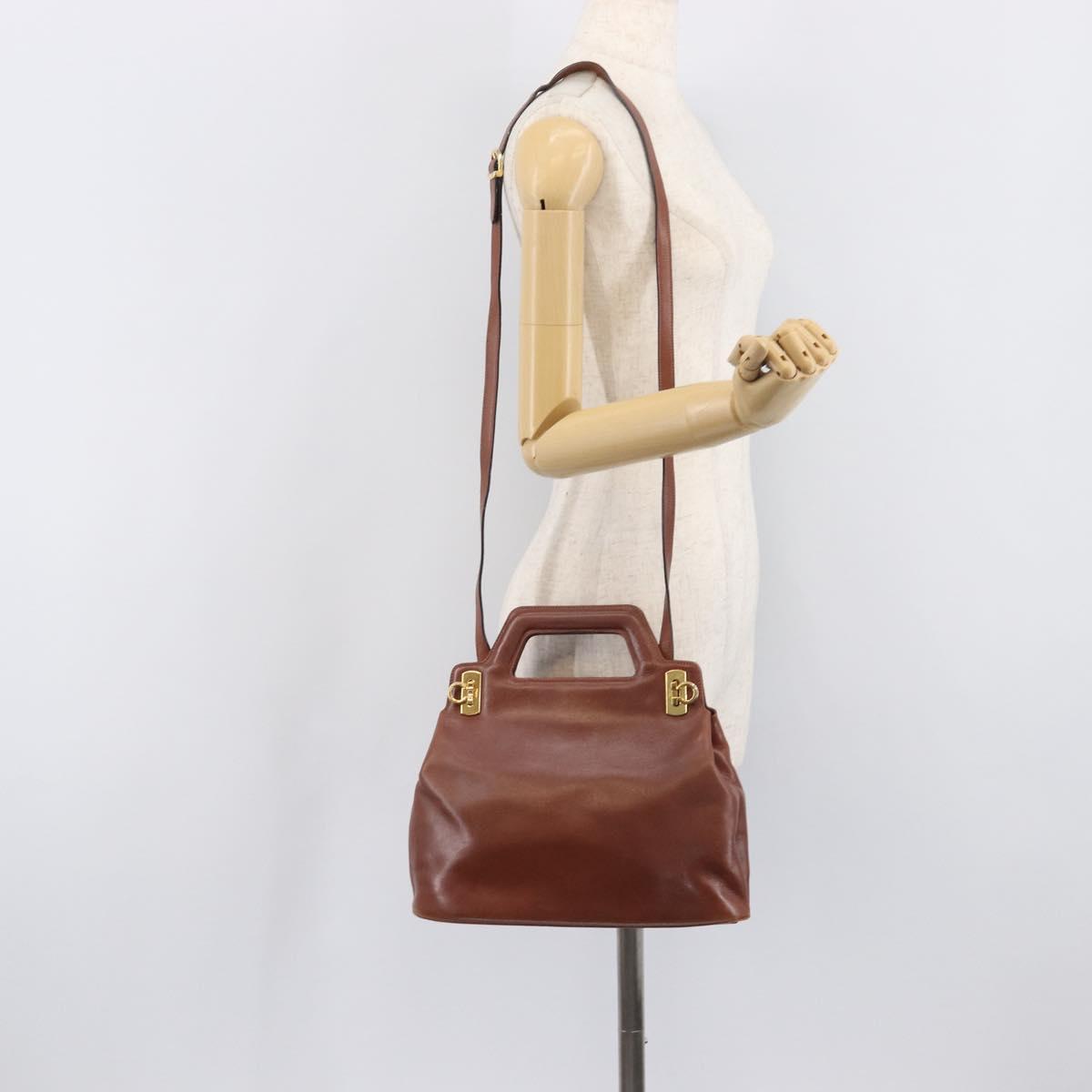 Salvatore Ferragamo Gancini Hand Bag Leather 2way Brown Gold Auth 213049