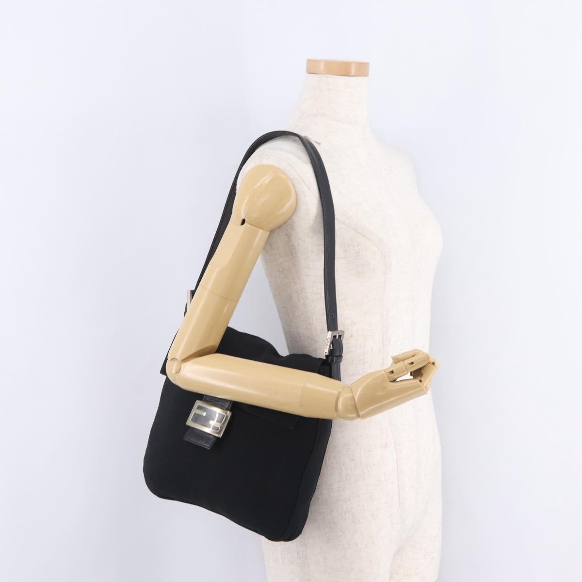 FENDI Mamma Baguette Shoulder Bag Cotton jersey Black Silver Auth 213058