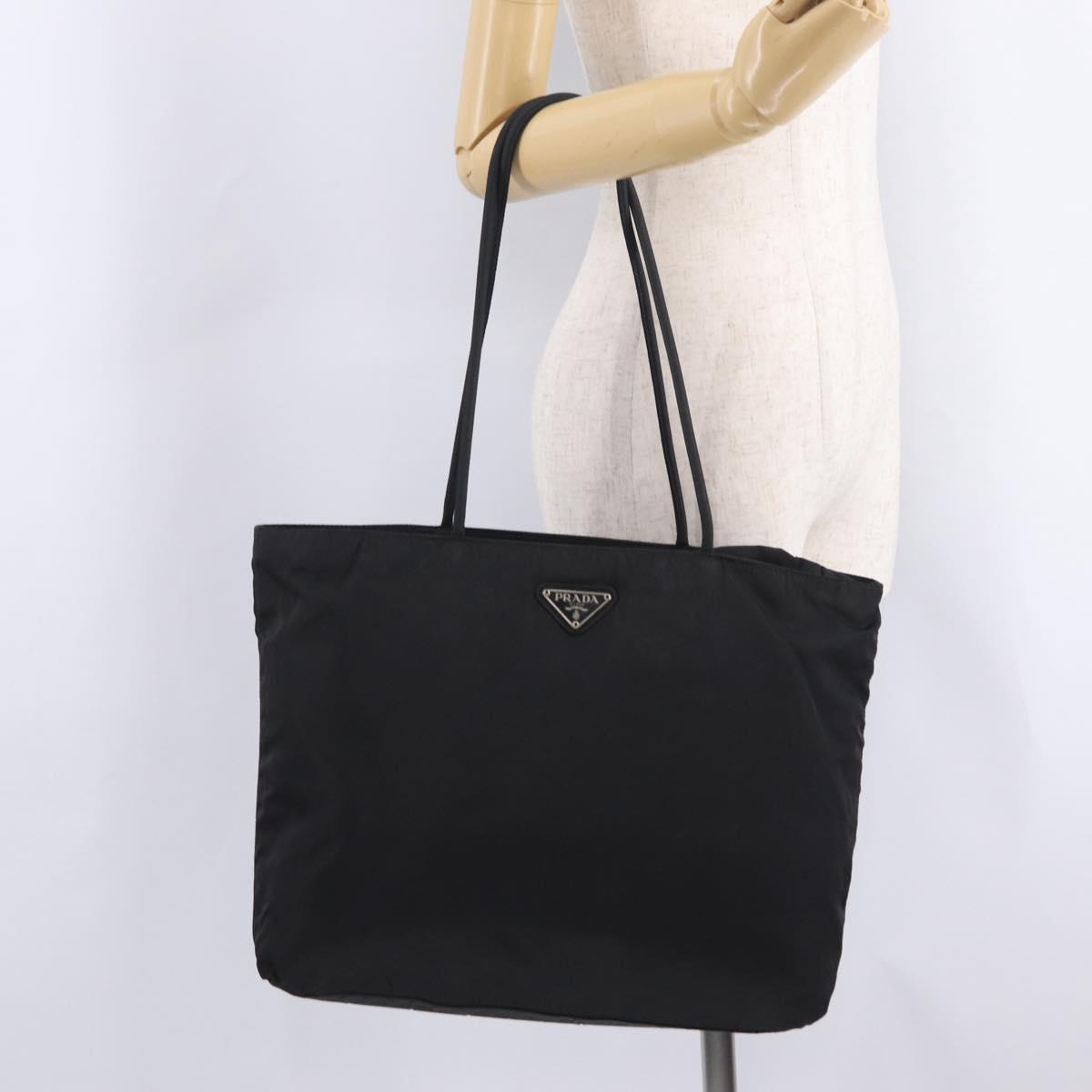PRADA Tote Bag Nylon Black Silver Auth 213063