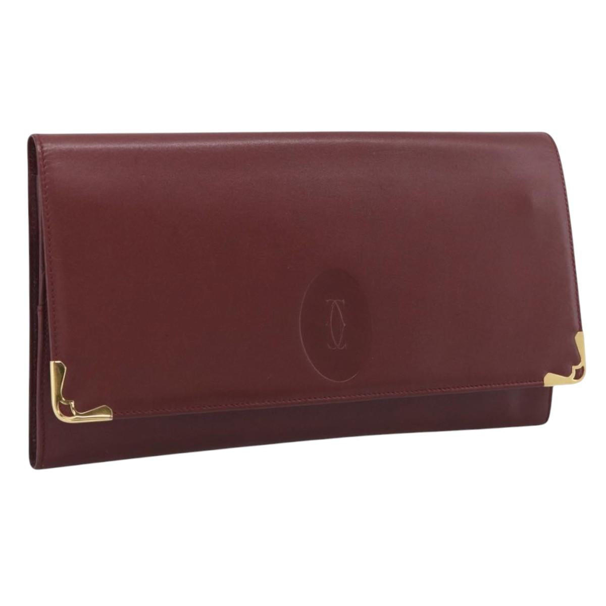 Cartier Must Line Clutch Bag Leather Bordeaux Gold Auth 213069A