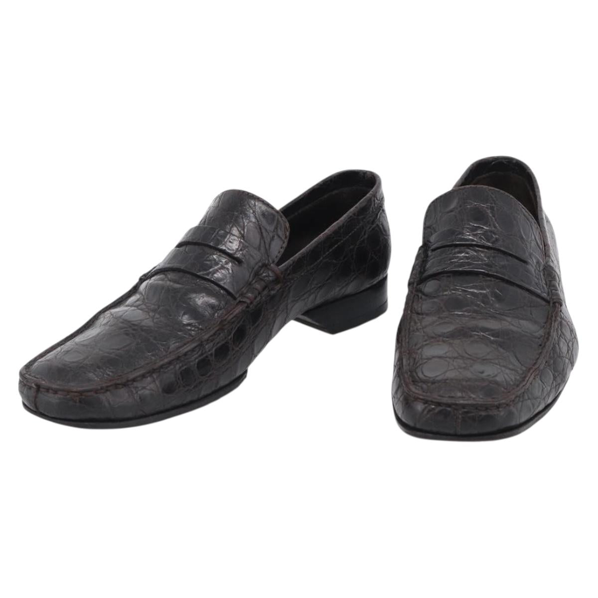 LOUIS VUITTON Loafers Shoes Leather Croco Embossed 7 Brown LV Auth 213080