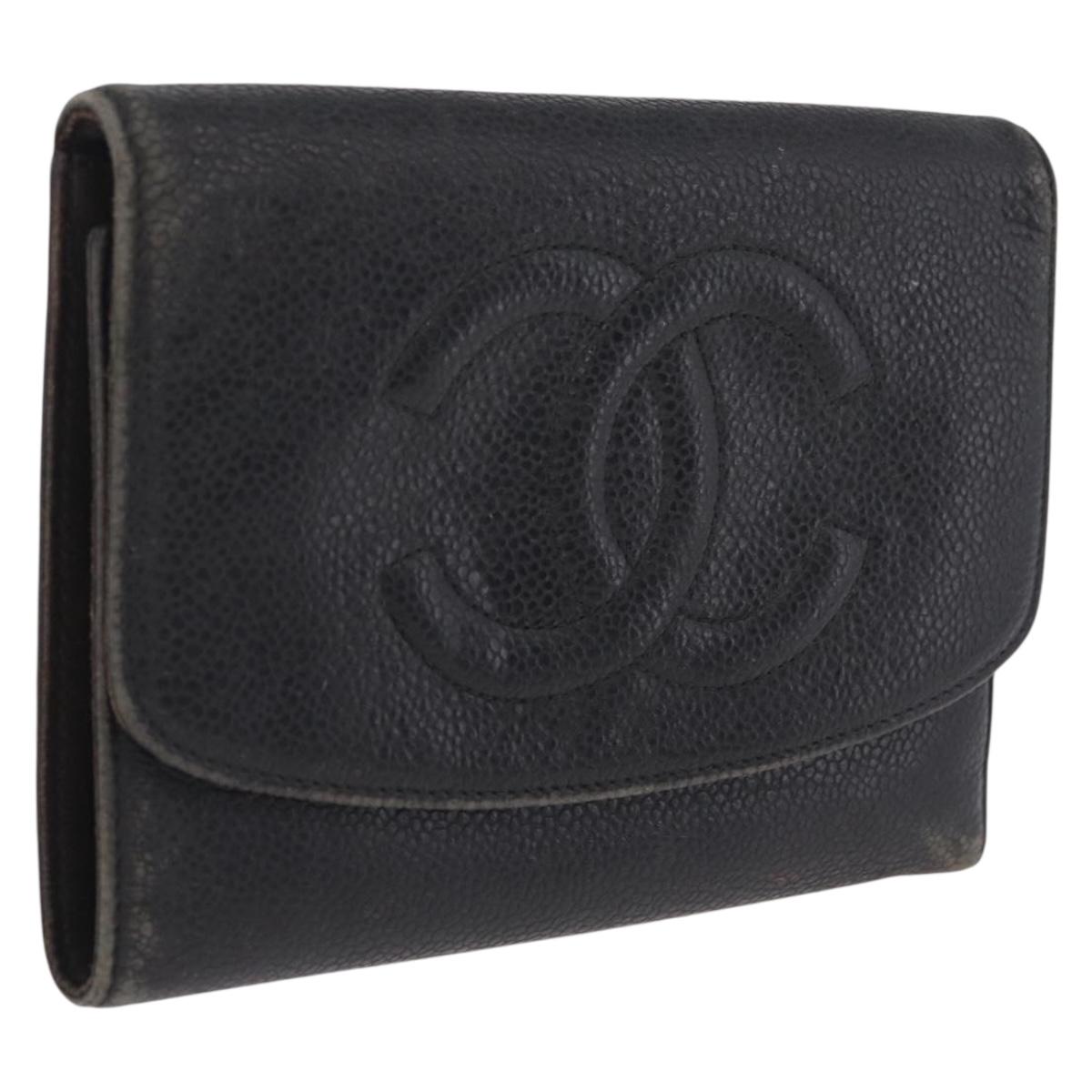 CHANEL Bifold Wallet Caviar Skin Black Gold CC Auth 213086