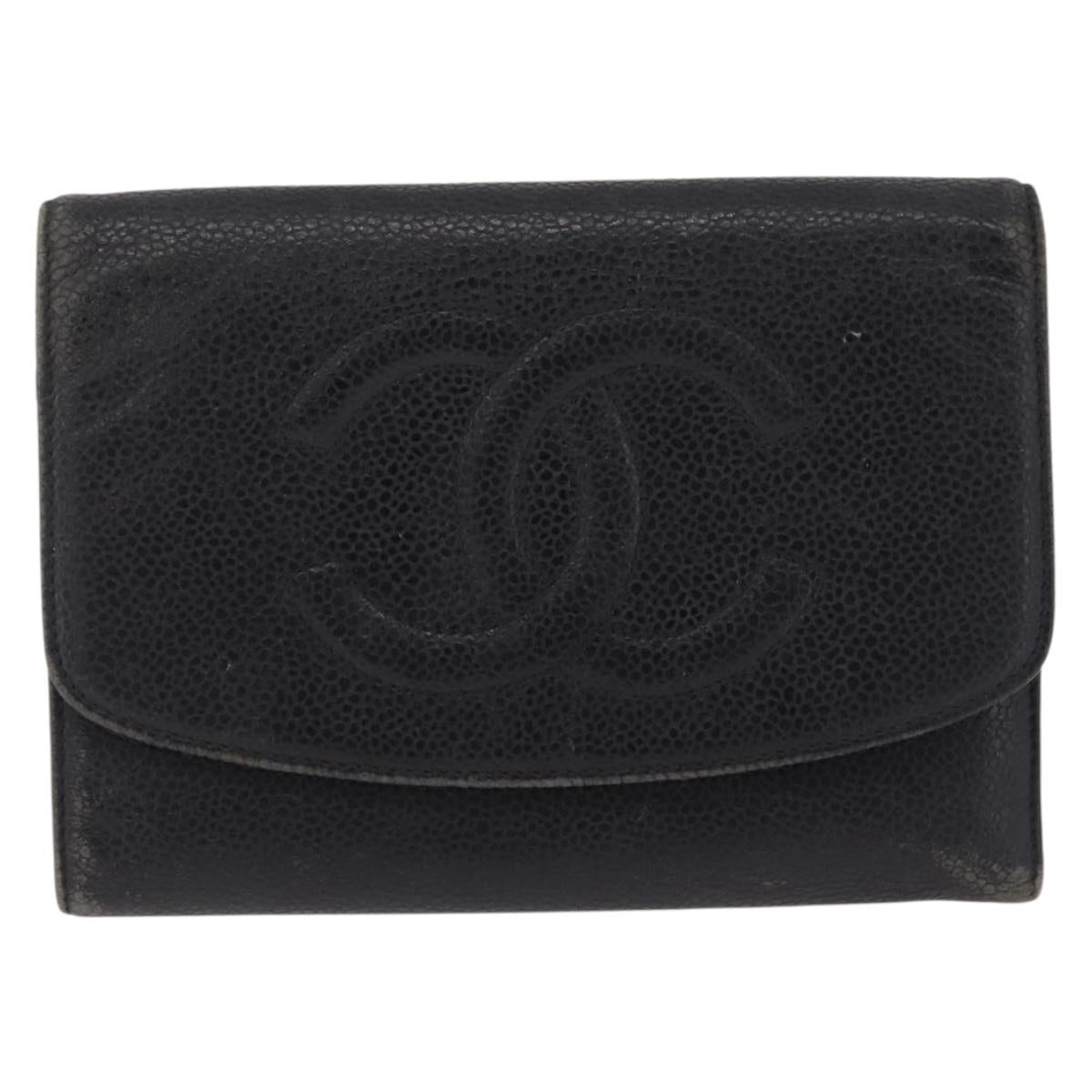 CHANEL Bifold Wallet Caviar Skin Black Gold CC Auth 213086