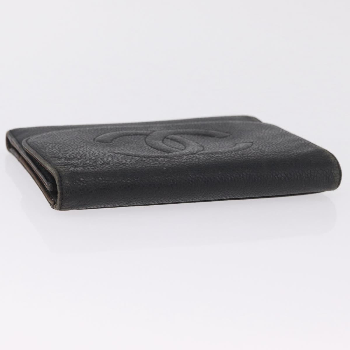 CHANEL Bifold Wallet Caviar Skin Black Gold CC Auth 213086