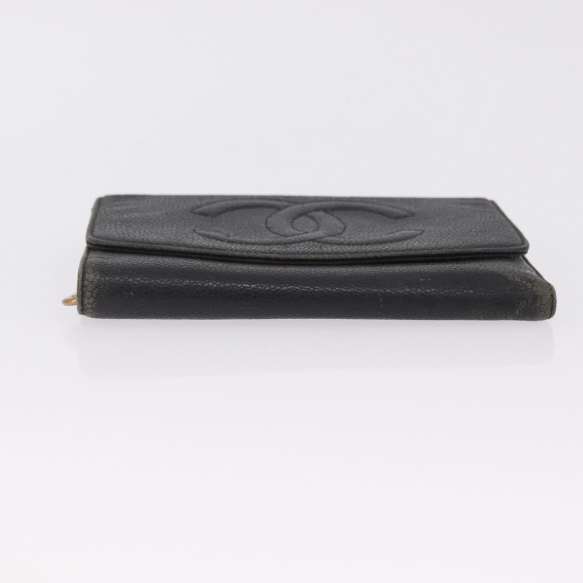 CHANEL Bifold Wallet Caviar Skin Black Gold CC Auth 213086