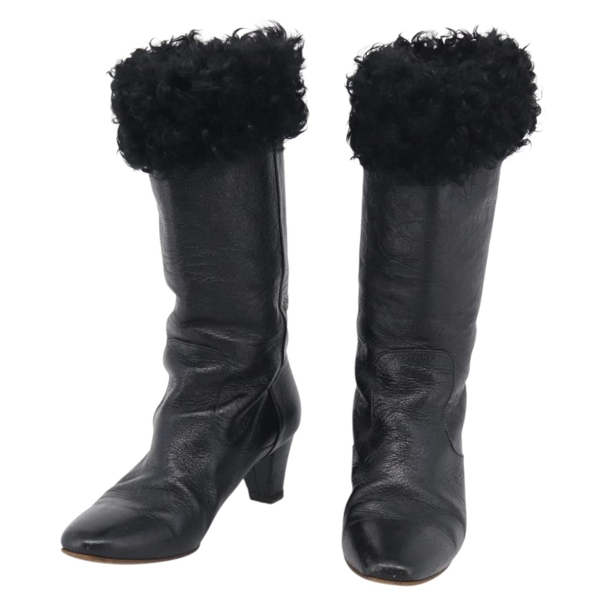 CHANEL Long Boots Leather 38 Black CC Auth 213130