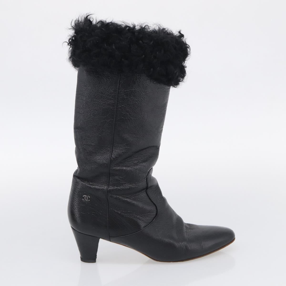 CHANEL Long Boots Leather 38 Black CC Auth 213130