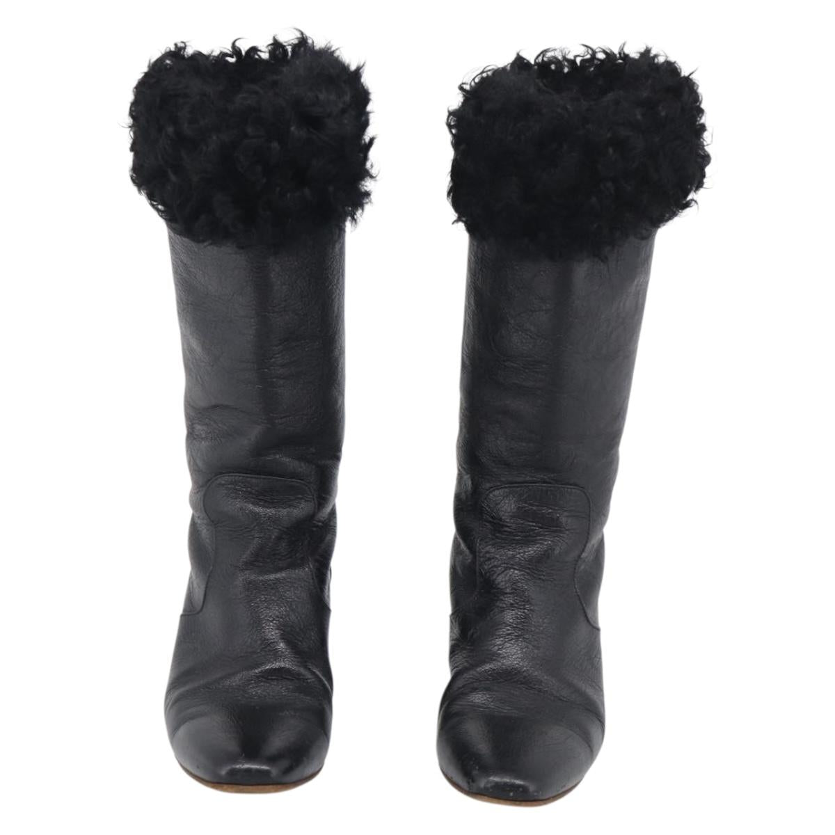 CHANEL Long Boots Leather 38 Black CC Auth 213130