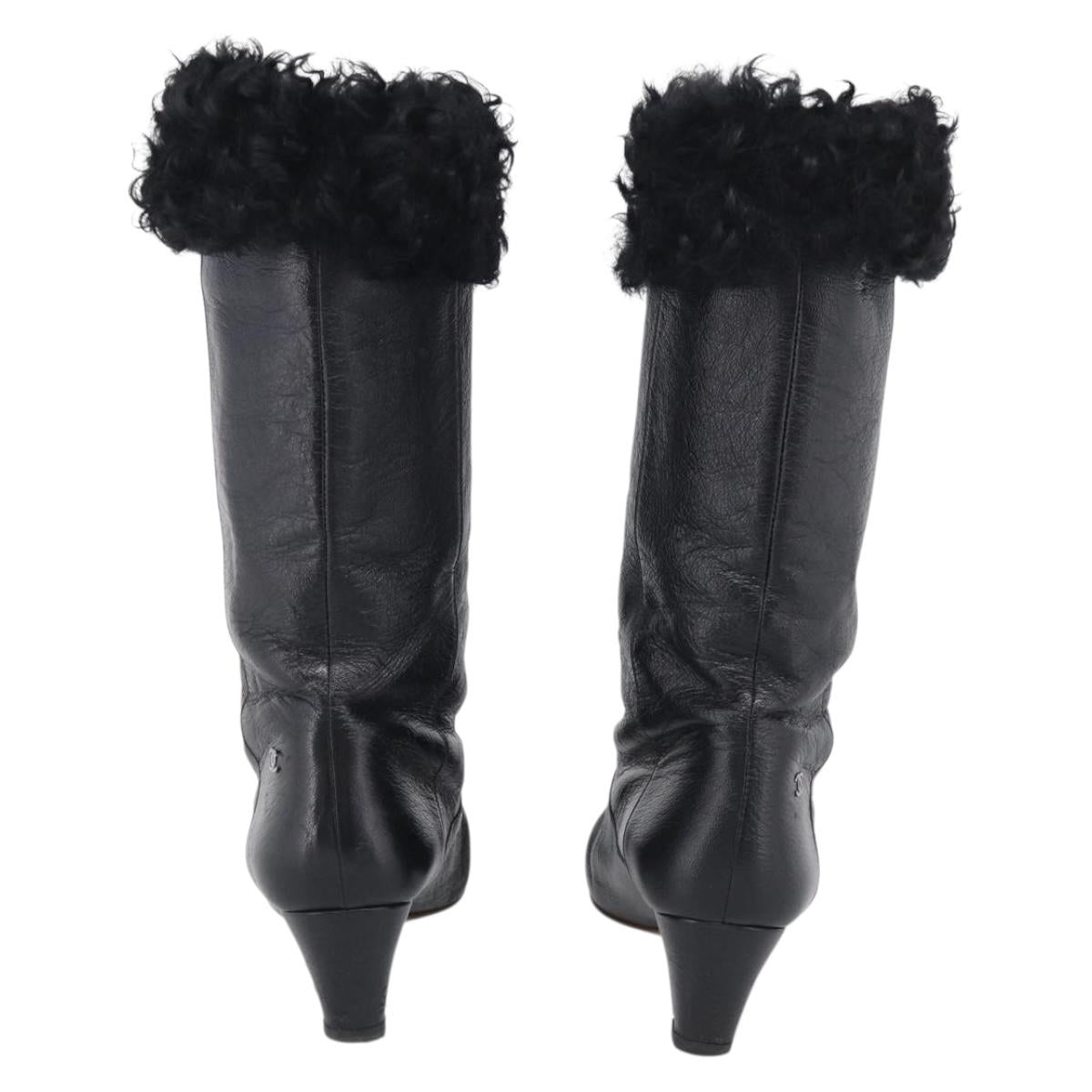 CHANEL Long Boots Leather 38 Black CC Auth 213130