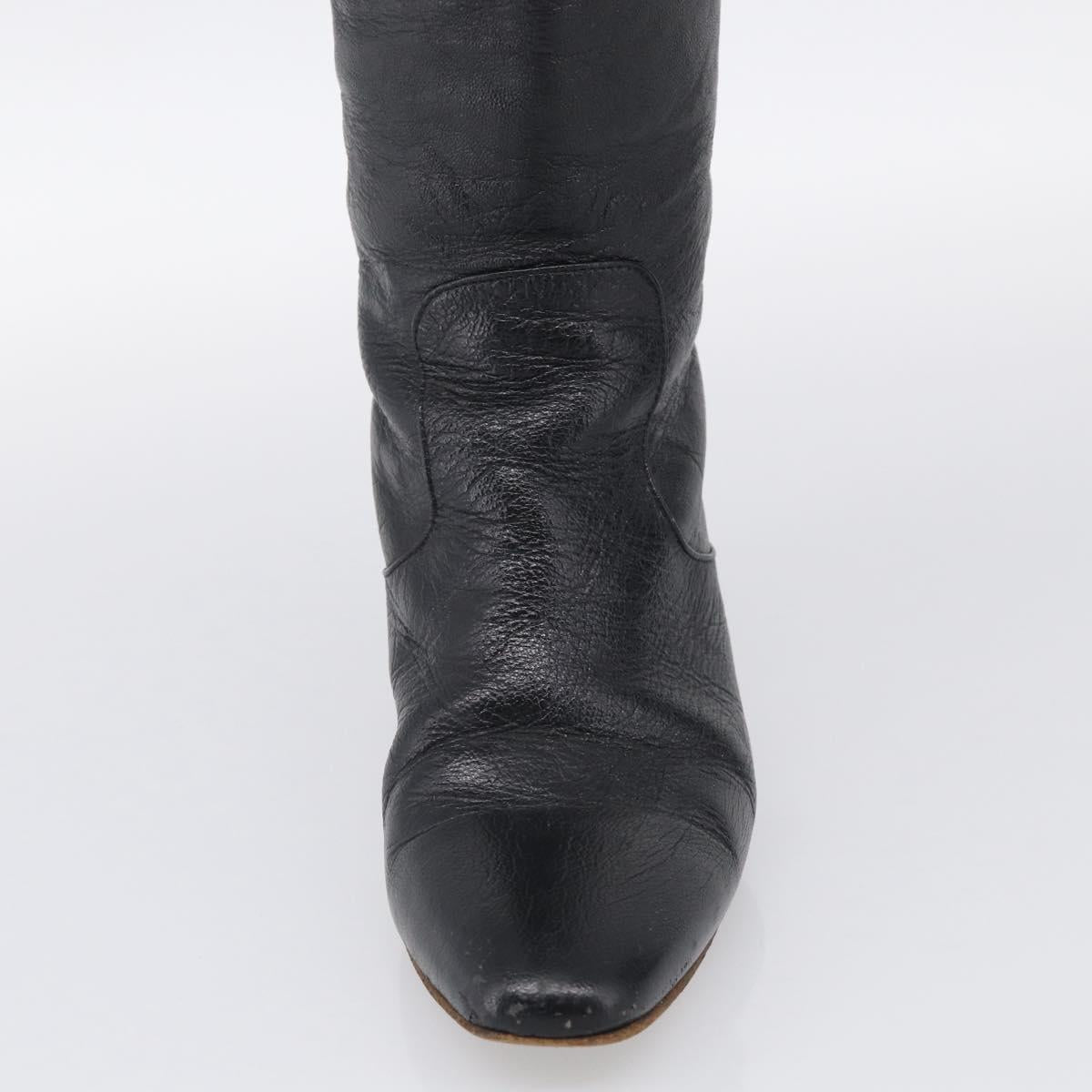CHANEL Long Boots Leather 38 Black CC Auth 213130