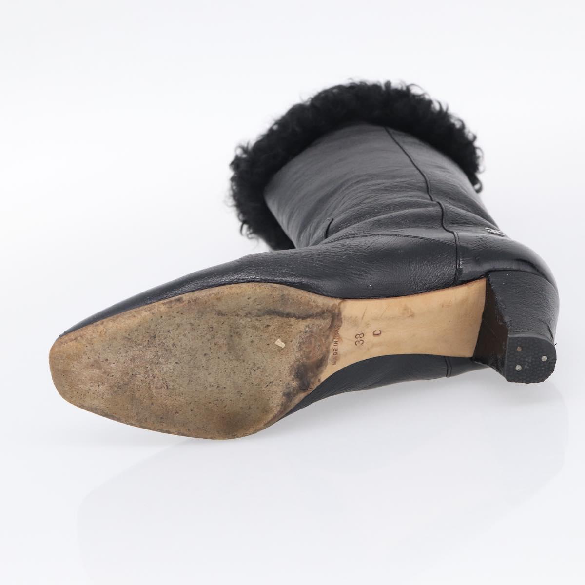 CHANEL Long Boots Leather 38 Black CC Auth 213130
