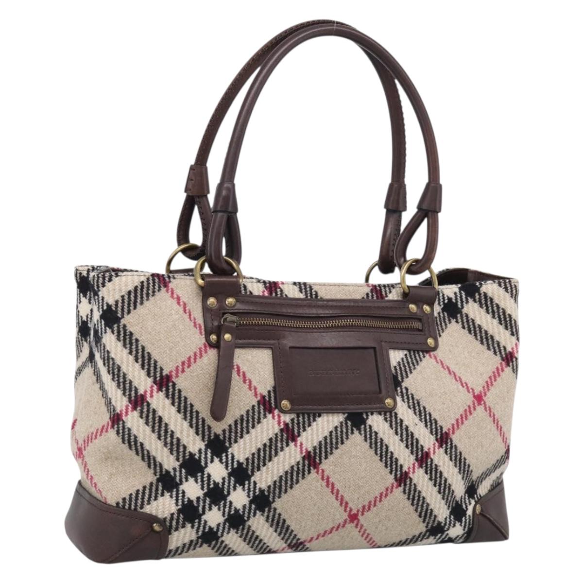 BURBERRY Nova Check Hand Bag Wool Beige Gold Auth 213140A