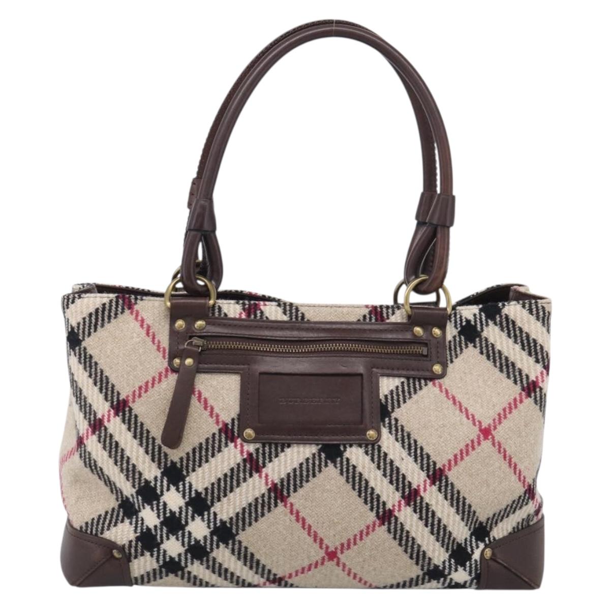 BURBERRY Nova Check Hand Bag Wool Beige Gold Auth 213140A