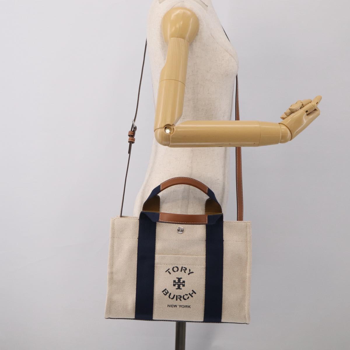 Tory Burch Hand Bag Canvas 2way Beige Silver Auth 213142A