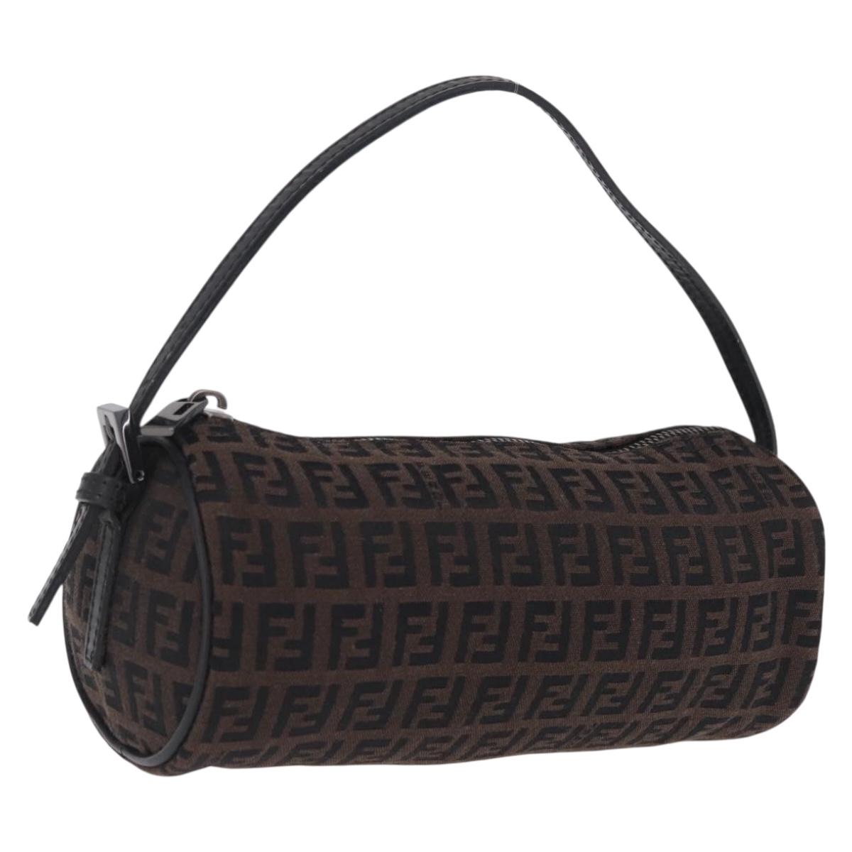 FENDI Zucchino Canvas Hand Pouch Brown Silver Auth 213144A