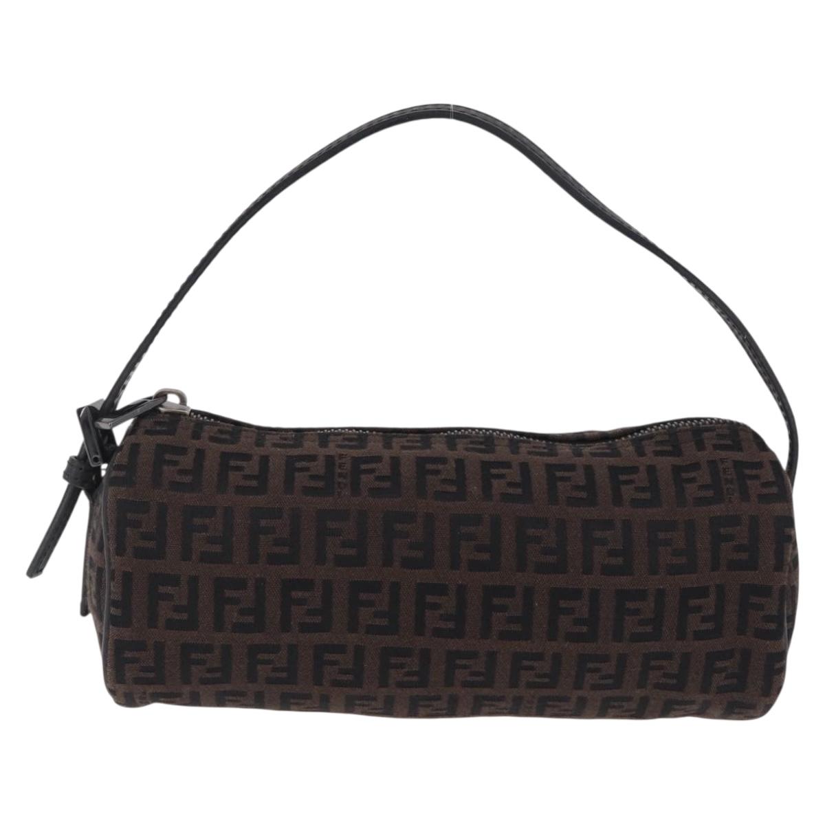 FENDI Zucchino Canvas Hand Pouch Brown Silver Auth 213144A