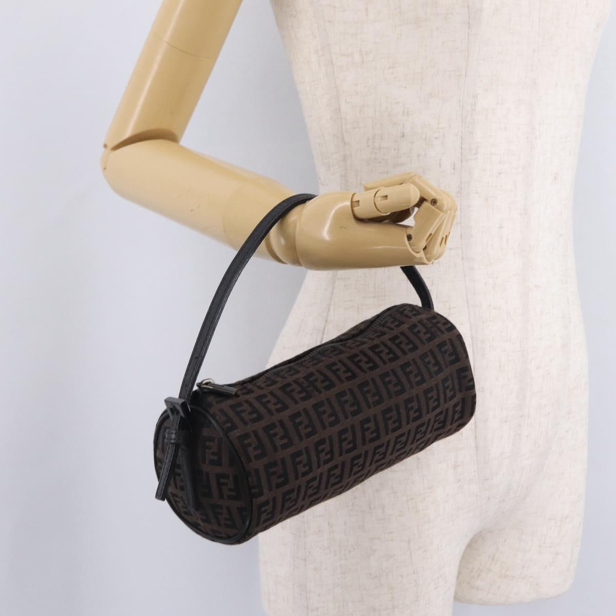 FENDI Zucchino Canvas Hand Pouch Brown Silver Auth 213144A