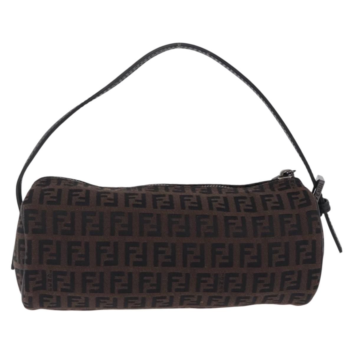FENDI Zucchino Canvas Hand Pouch Brown Silver Auth 213144A