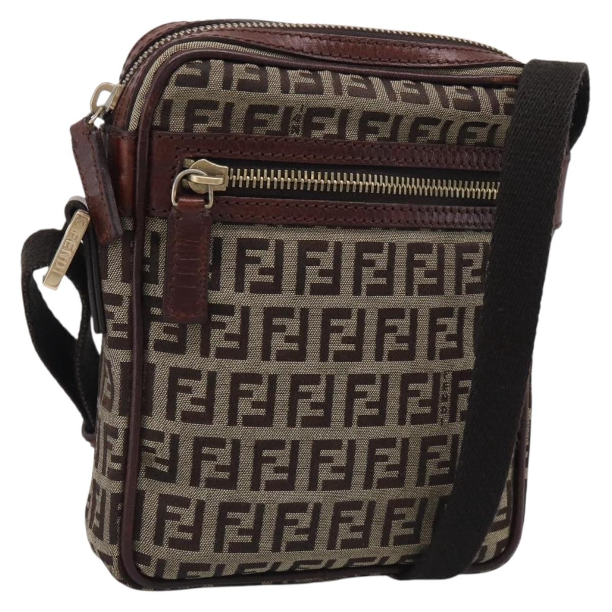 FENDI Zucchino Canvas Shoulder Bag Beige Gold Auth 213146A