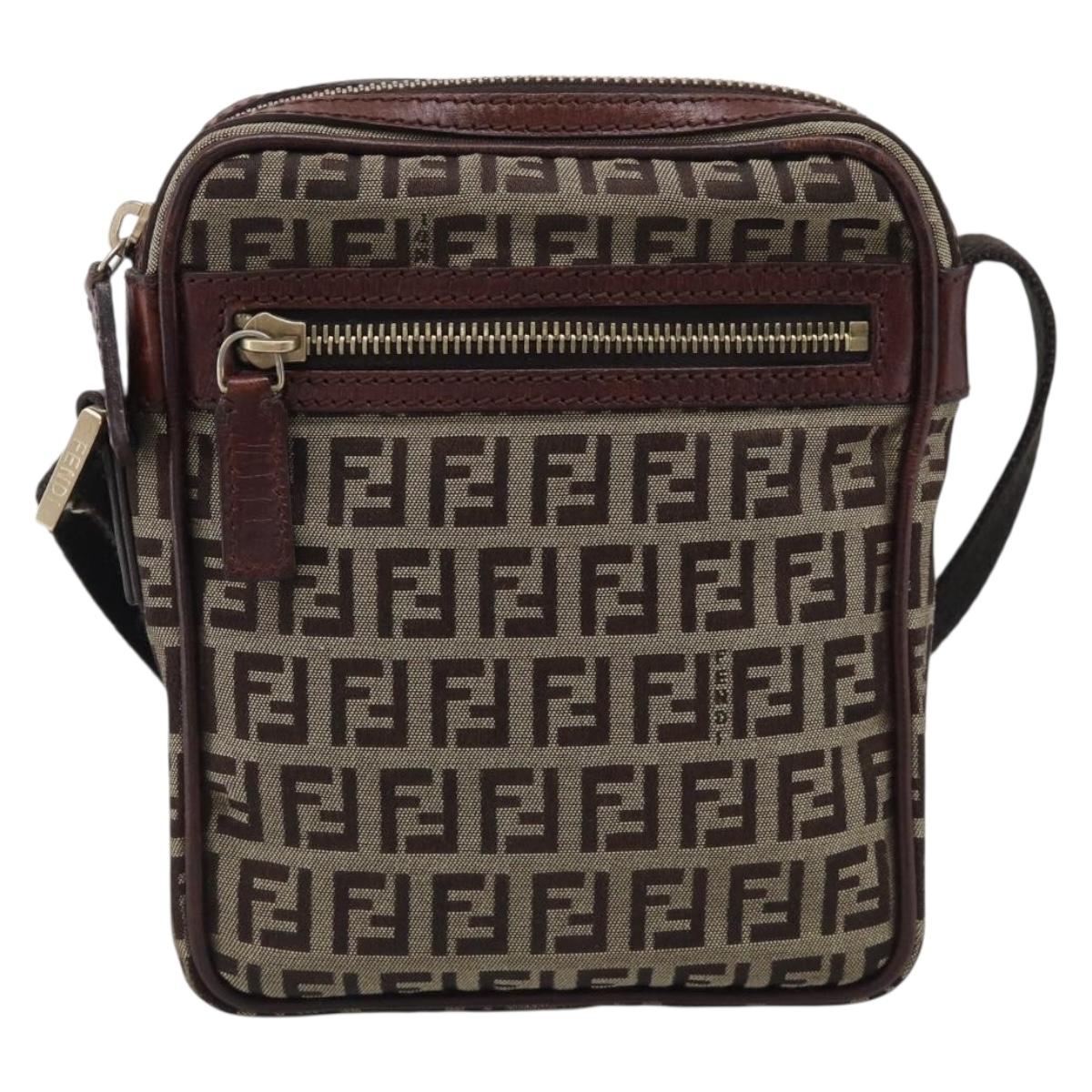 FENDI Zucchino Canvas Shoulder Bag Beige Gold Auth 213146A