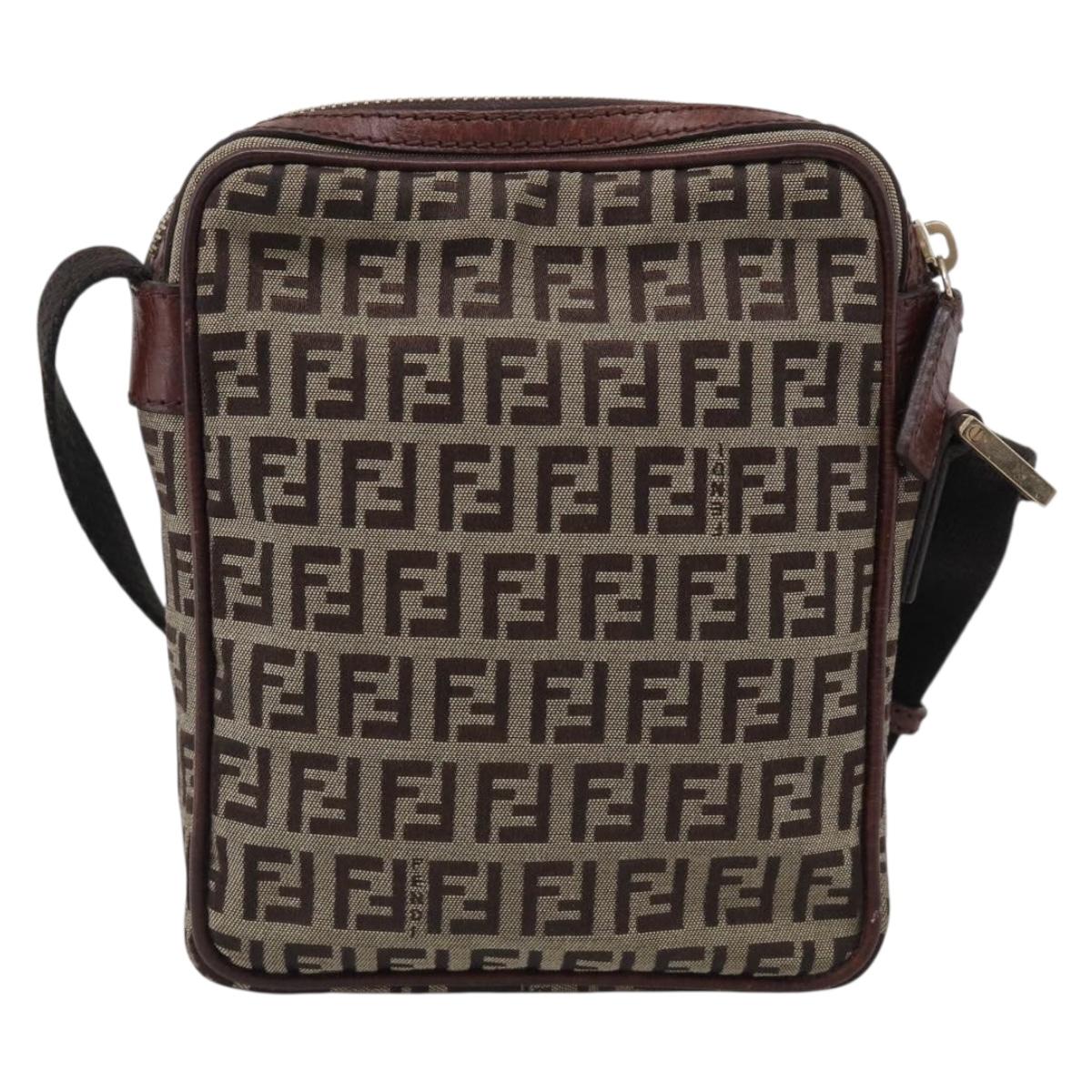 FENDI Zucchino Canvas Shoulder Bag Beige Gold Auth 213146A