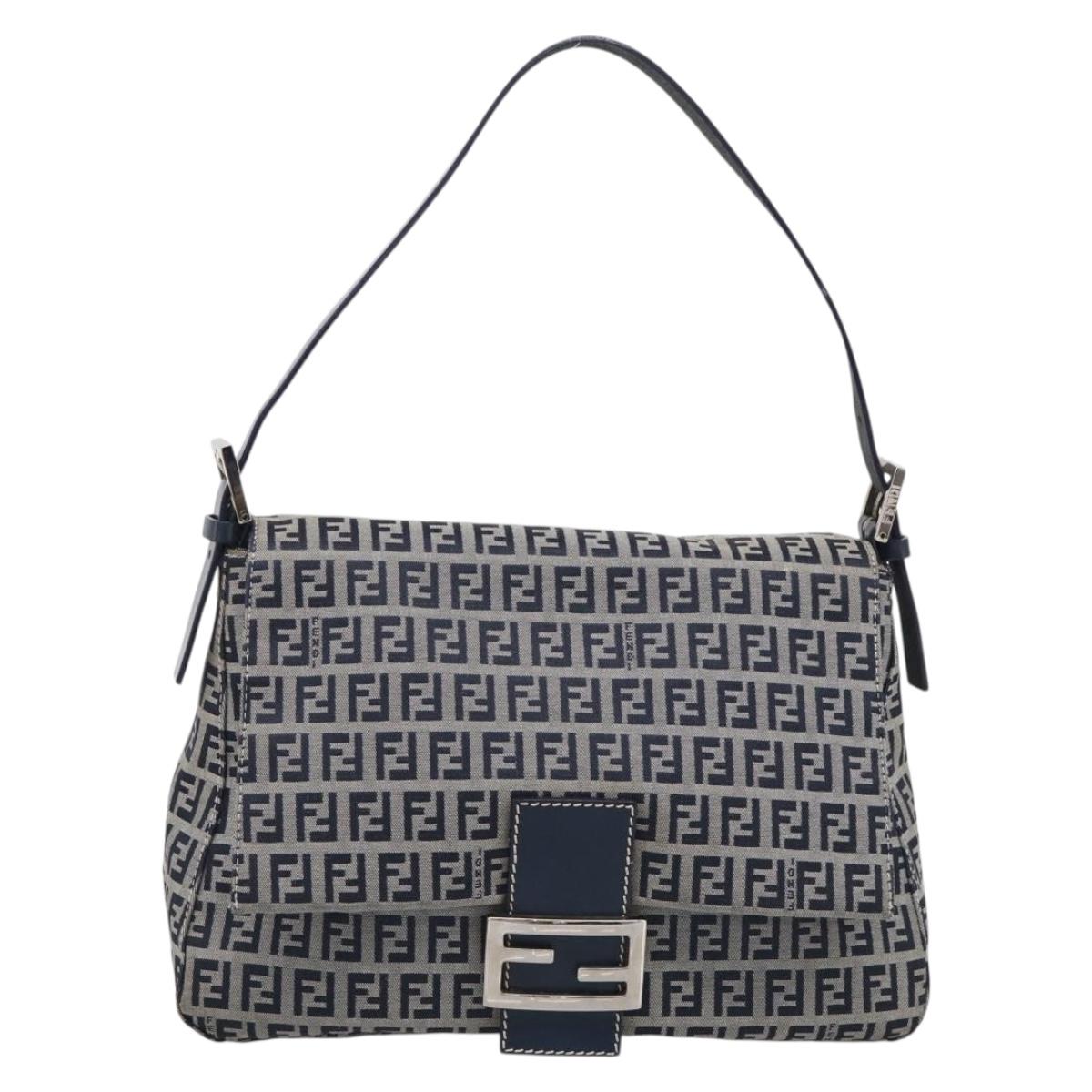 FENDI Zucchino Canvas Mamma Baguette Shoulder Bag Navy Silver Auth 213148V