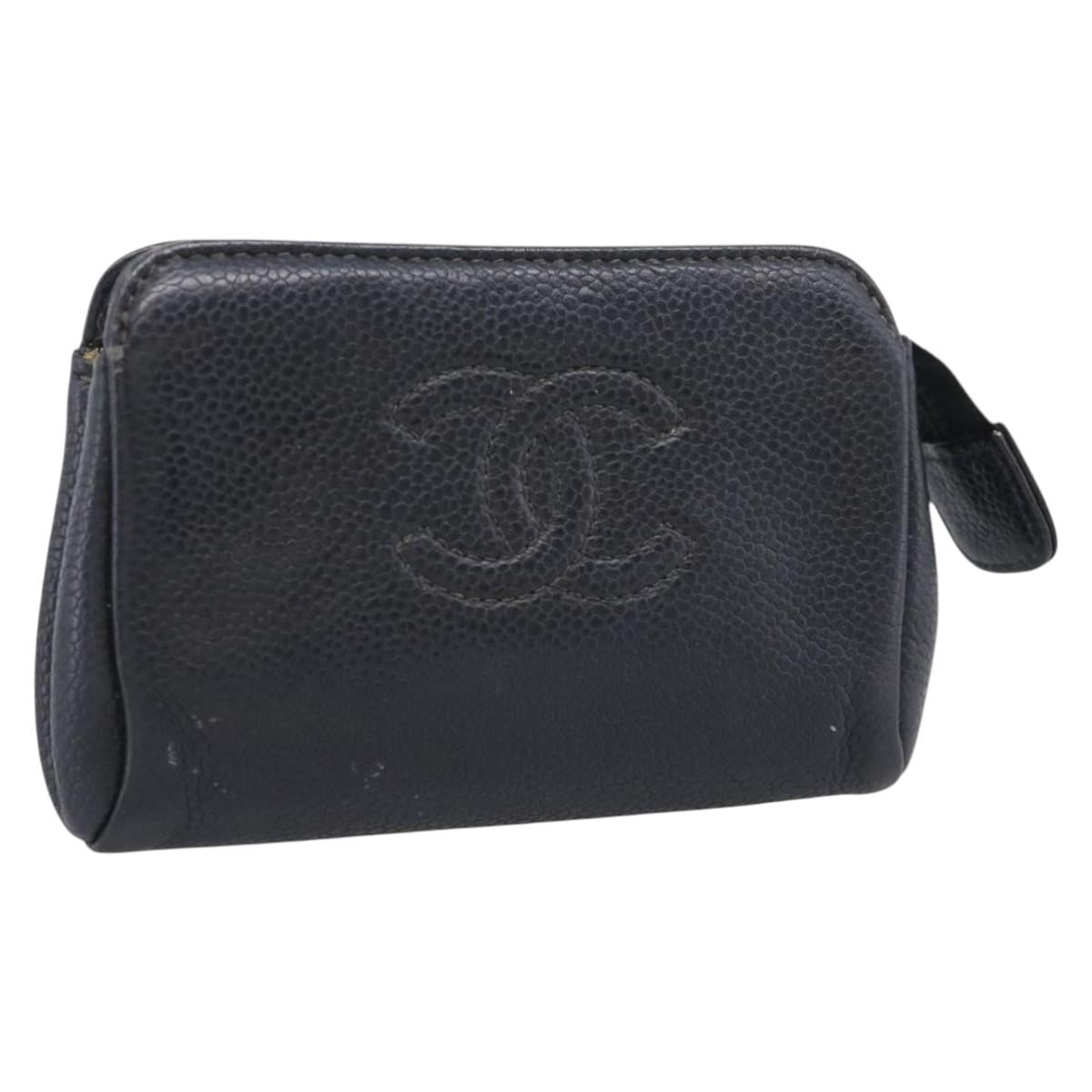 CHANEL Coin Purse Caviar Skin Black Gold CC Auth 213164
