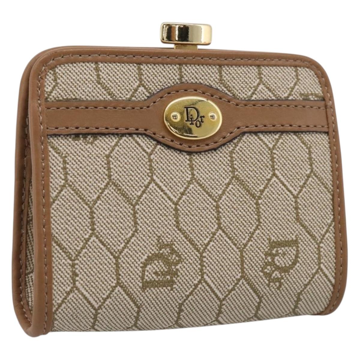 Christian Dior Honeycomb Canvas Coin Purse PVC Leather Beige Gold Auth 213179M