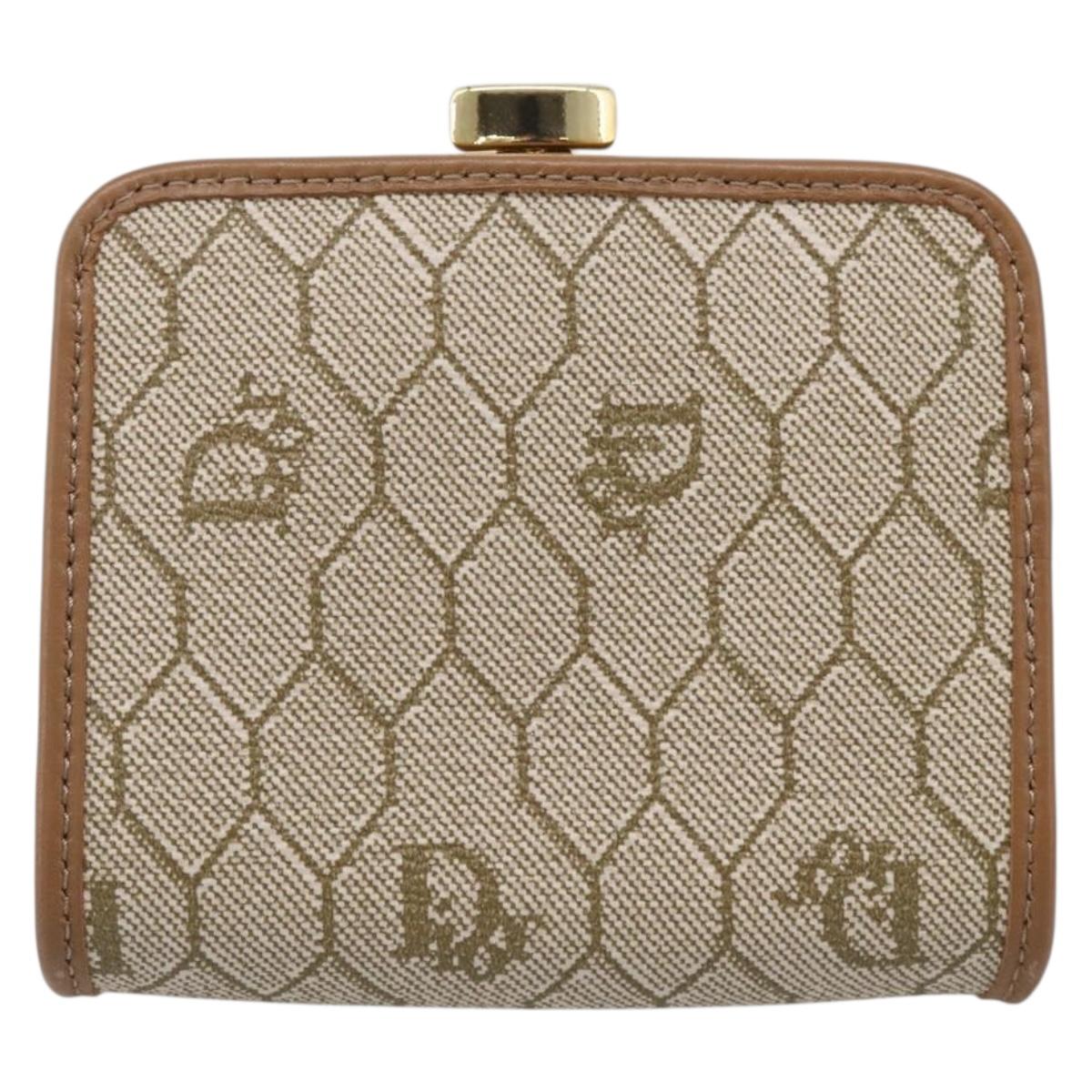 Christian Dior Honeycomb Canvas Coin Purse PVC Leather Beige Gold Auth 213179M