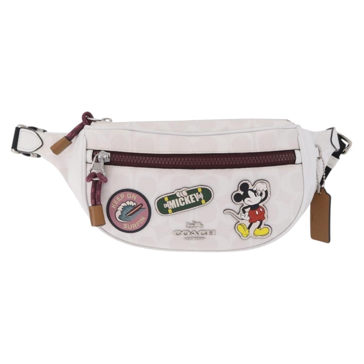 Coach Disney Mickey Mouse Waist Bag Leather White Silver Auth 213184A