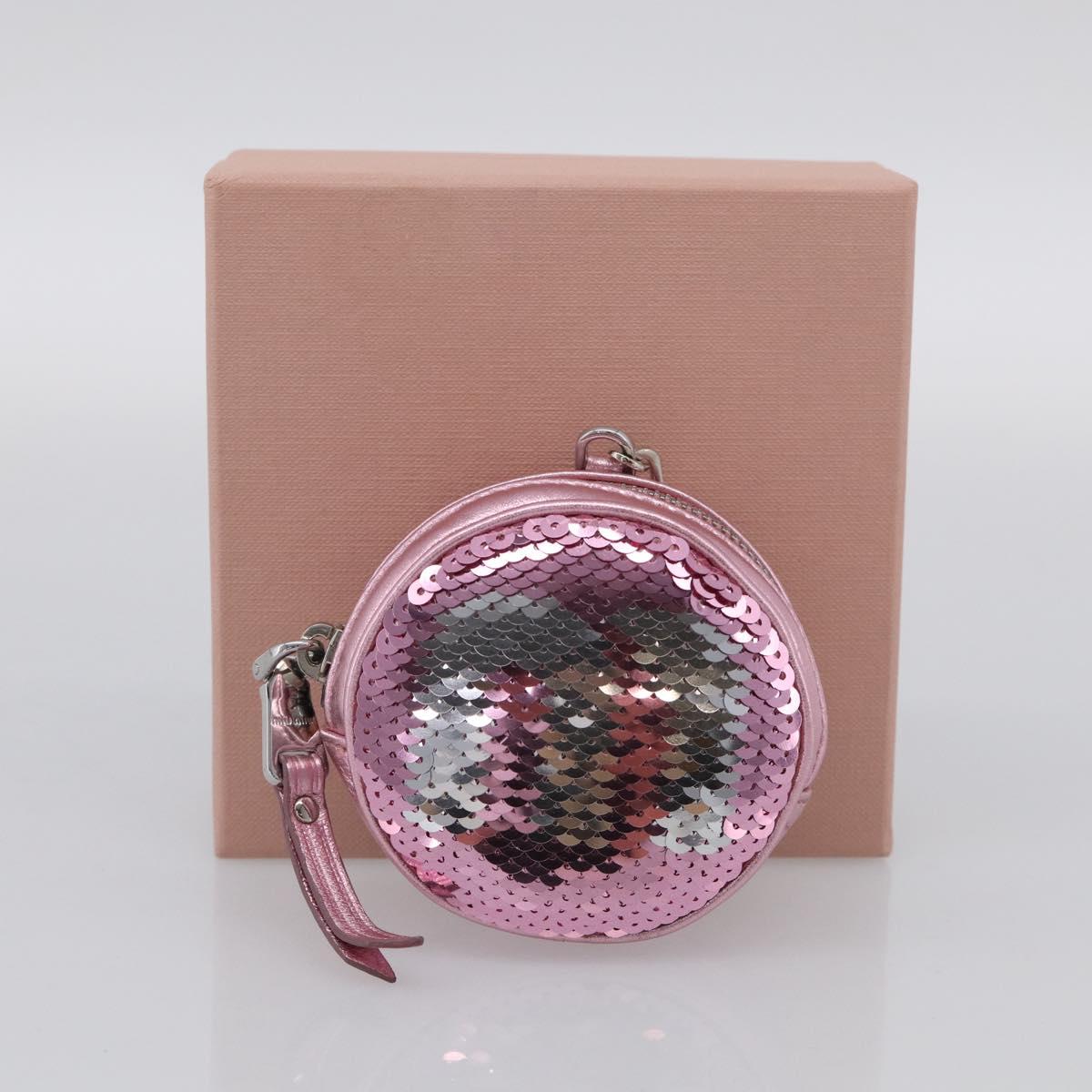 Miu Miu Key Holder Pouch Leather Sequins Pink Silver Auth 213189M
