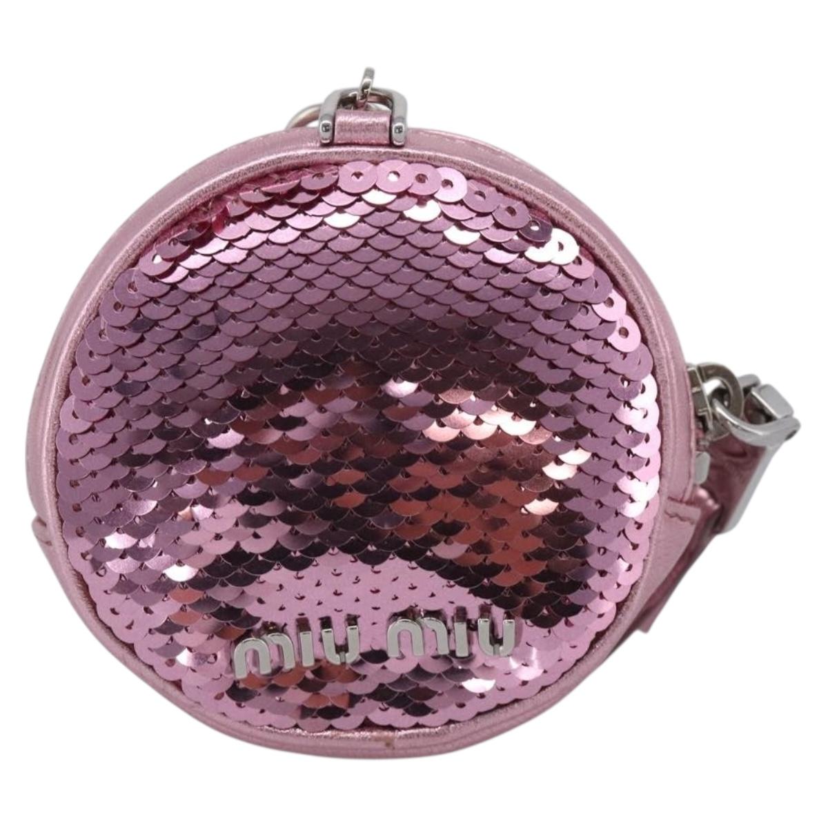 Miu Miu Key Holder Pouch Leather Sequins Pink Silver Auth 213189M