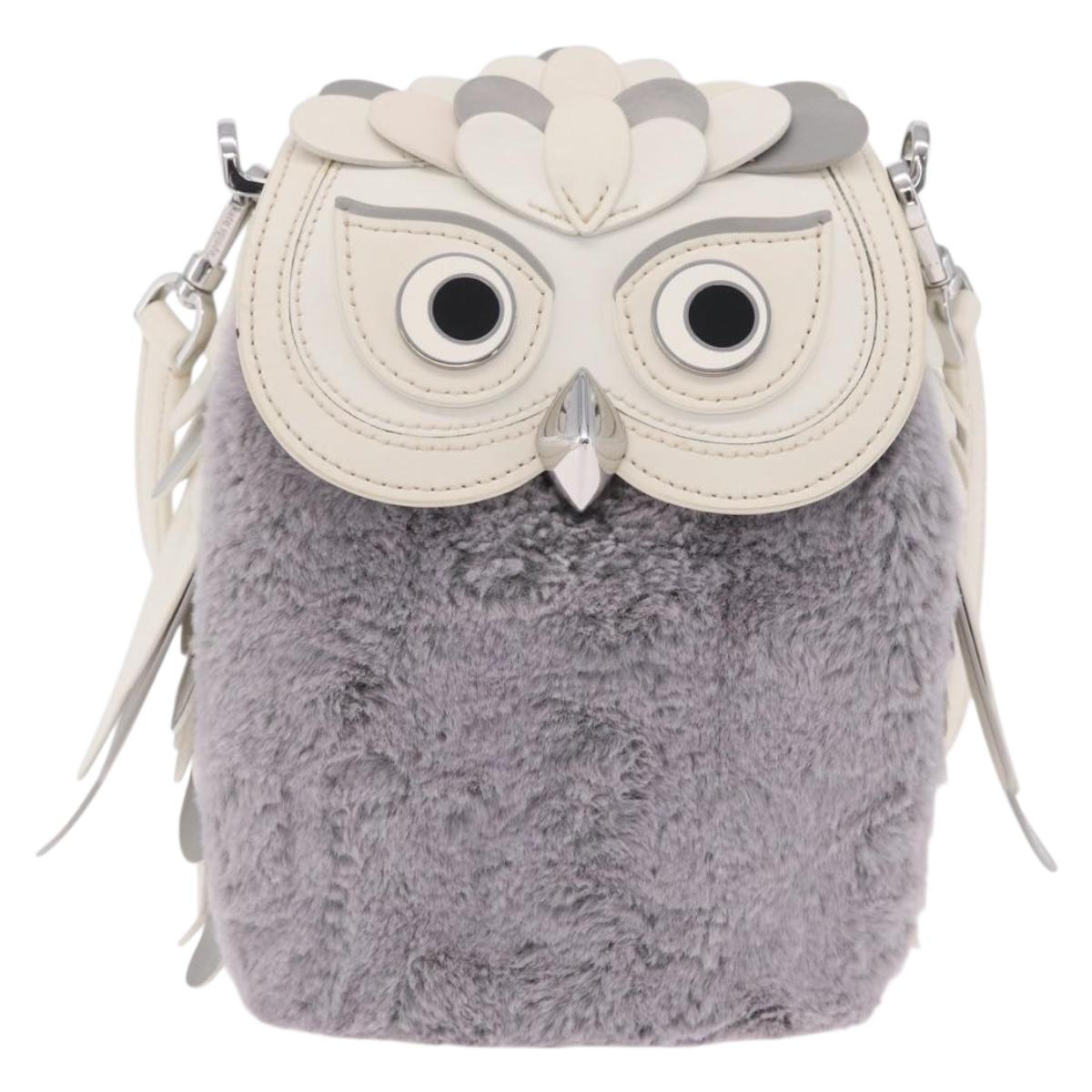 kate spade Otherfoot 3D Owl Shoulder Bag Leather White Silver Auth 213193A