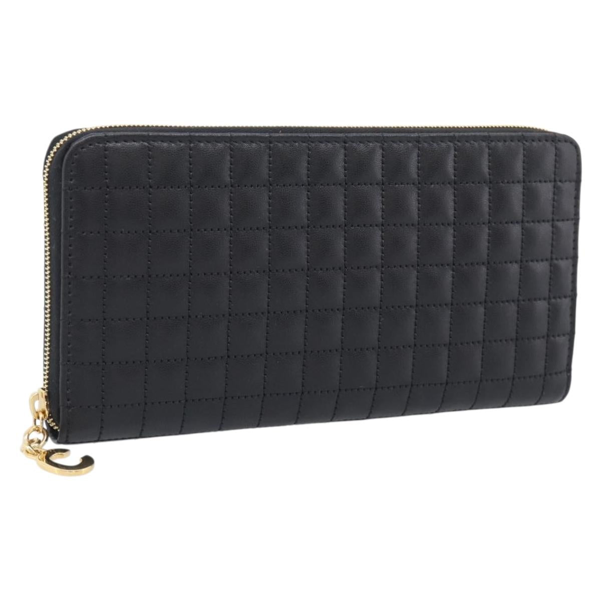 CELINE Long Wallet Leather Gold Black Auth 213198SAM