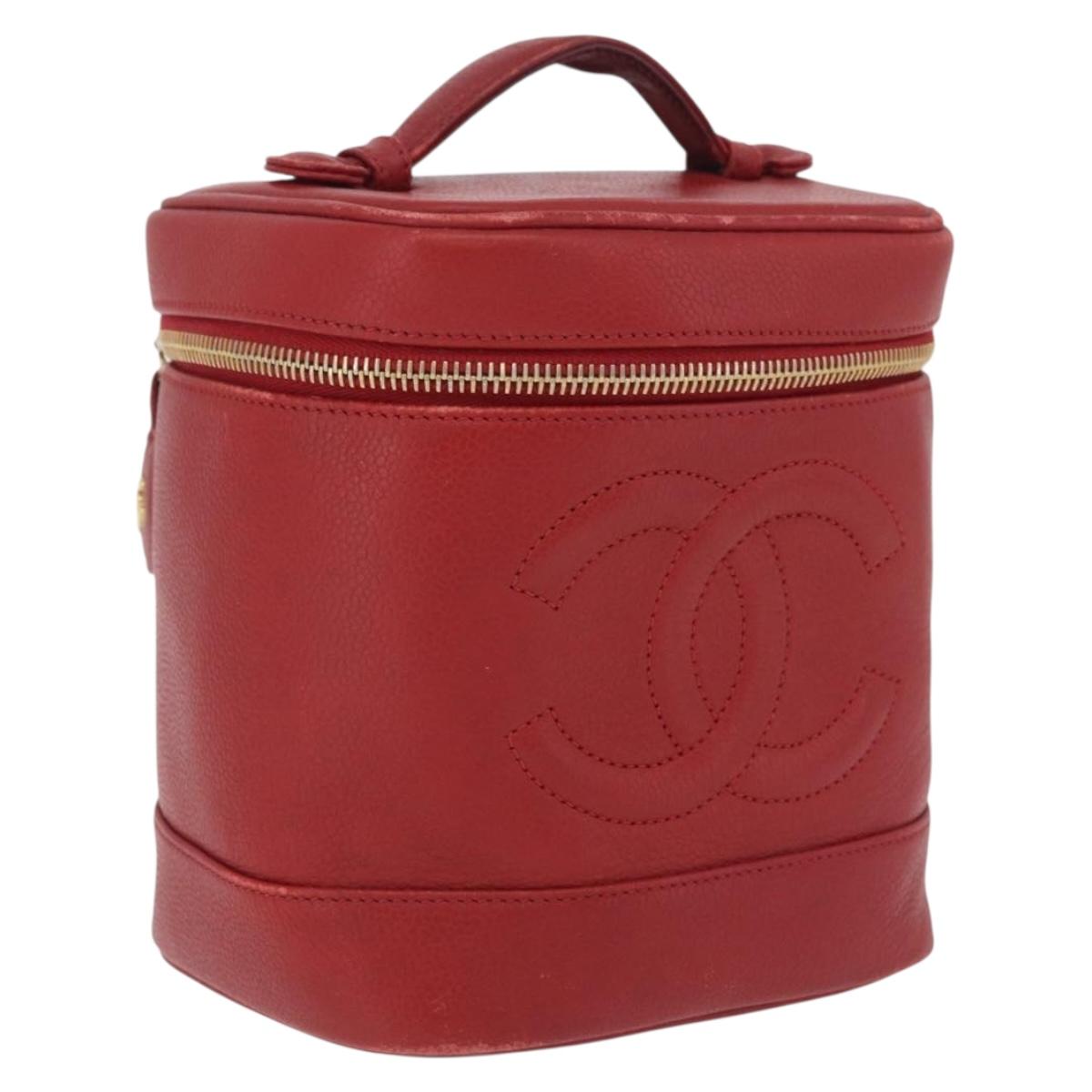 CHANEL Vanity Hand Bag Caviar Skin Red Gold CC Auth 213199A