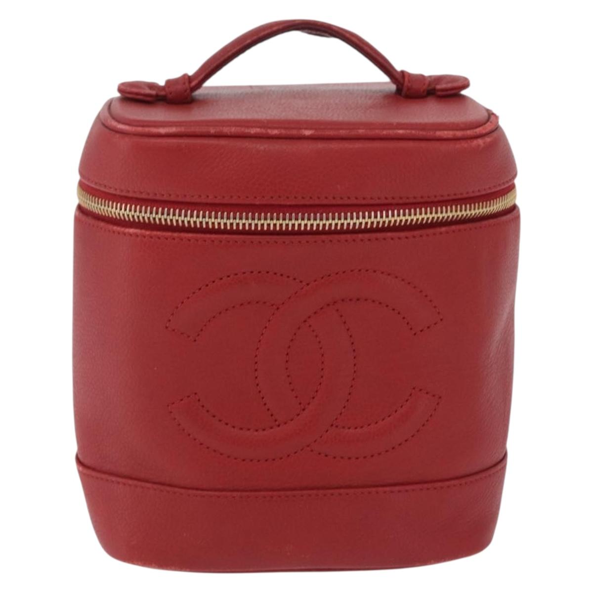 CHANEL Vanity Hand Bag Caviar Skin Red Gold CC Auth 213199A
