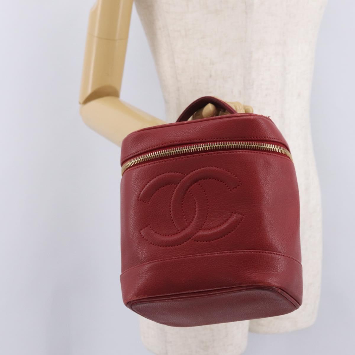 CHANEL Vanity Hand Bag Caviar Skin Red Gold CC Auth 213199A